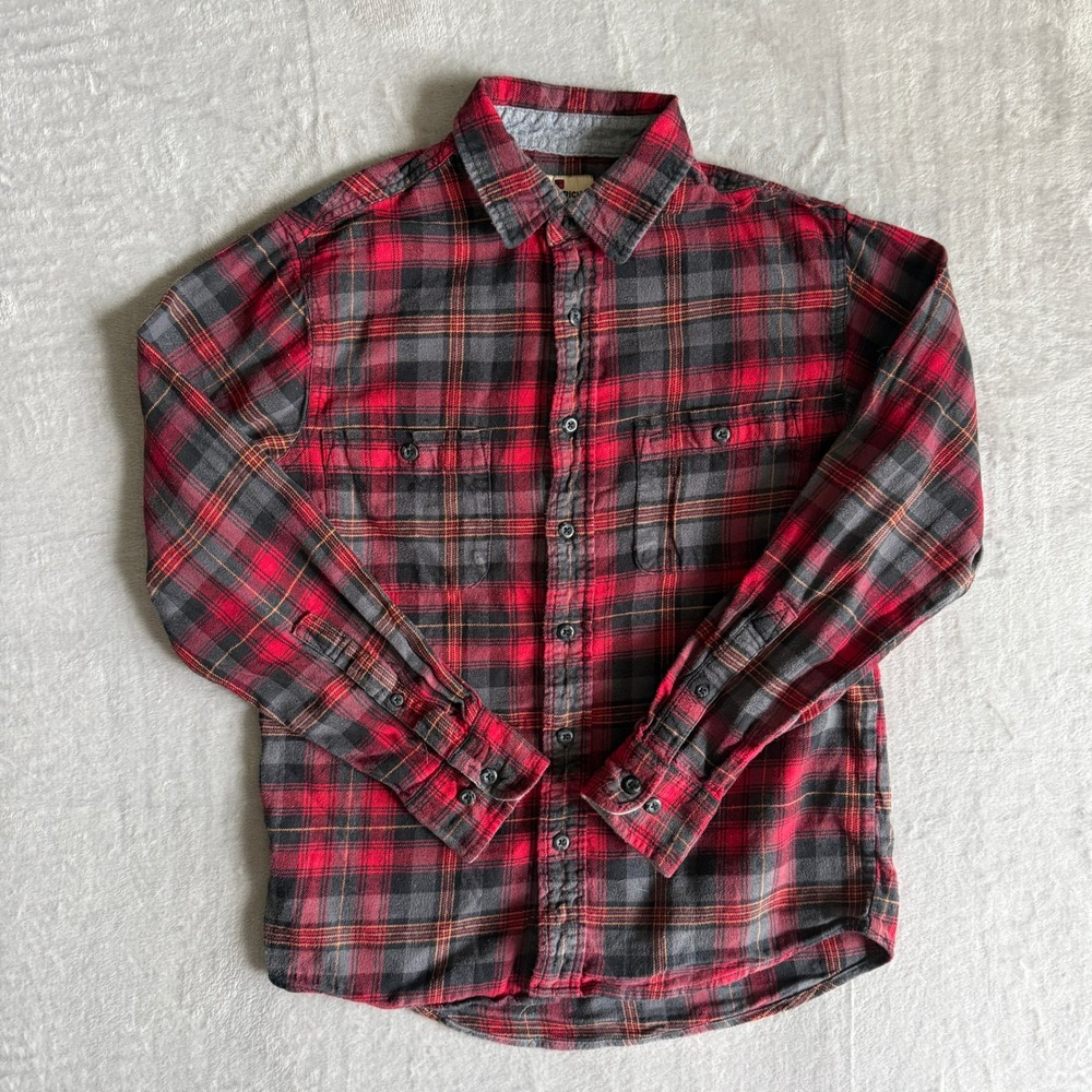 Woolrich Mens Small Red Grey Plaid Flannel Button Down Shirt 100% Cotton Long Sl